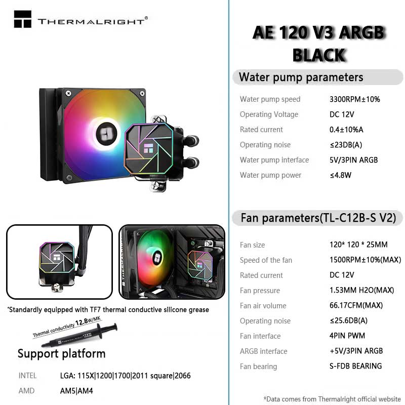 Heatsink Aluminum - Thermalright-水冷ラジエーター,aio cpu,intel 1700,am5,v3,argb cpu,オールインワン,統合,120mm,aqua elite 120,v3